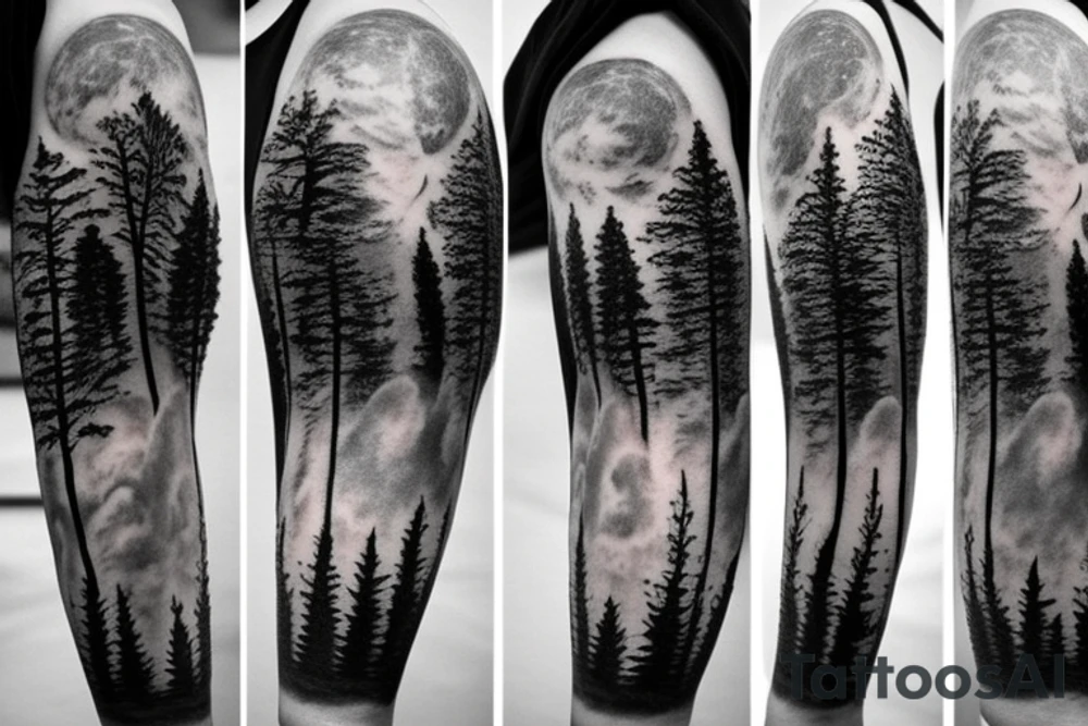 trees by night with full moon sleeve tattoo idea