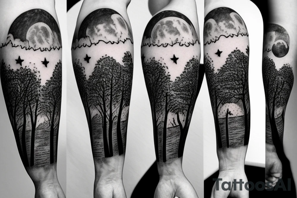 trees by night with full moon sleeve tattoo idea