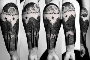 trees by night with full moon sleeve tattoo idea