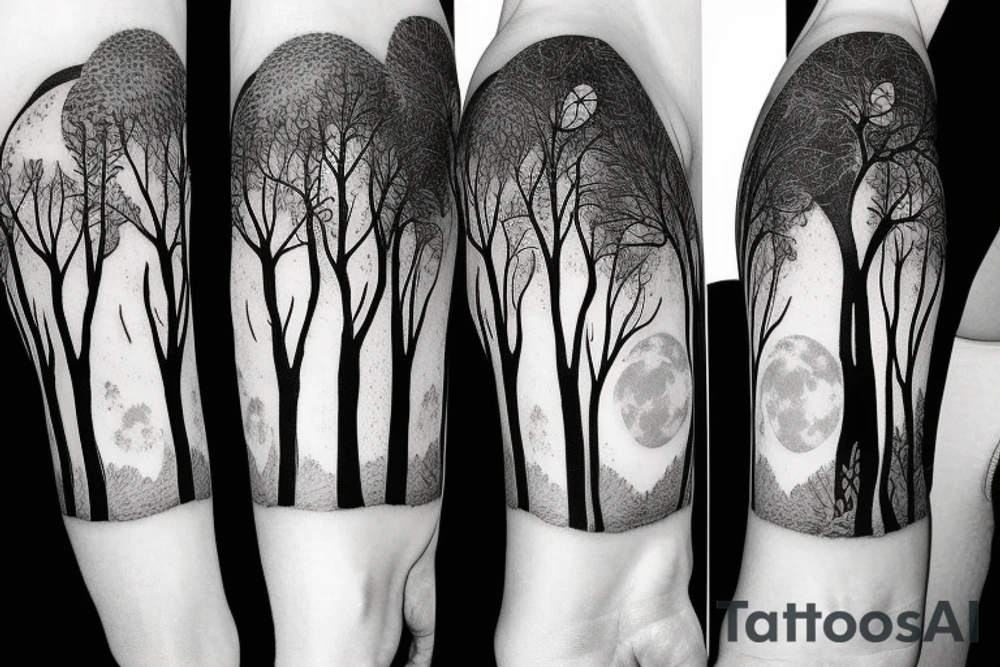 trees by night with full moon sleeve tattoo idea