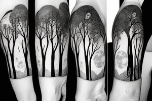 trees by night with full moon sleeve tattoo idea