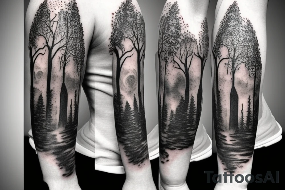 trees by night with full moon sleeve tattoo idea