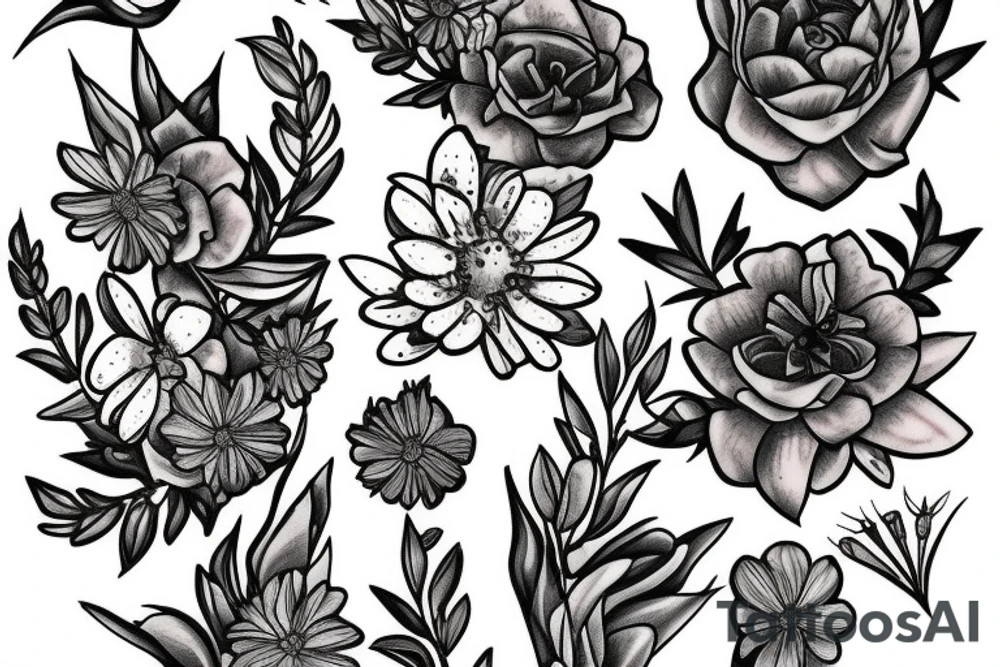 fine line amethyst, primroses, dead aster flowers tattoo idea
