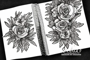 fine line amethyst stone with primroses and dead aster flowers under it tattoo idea