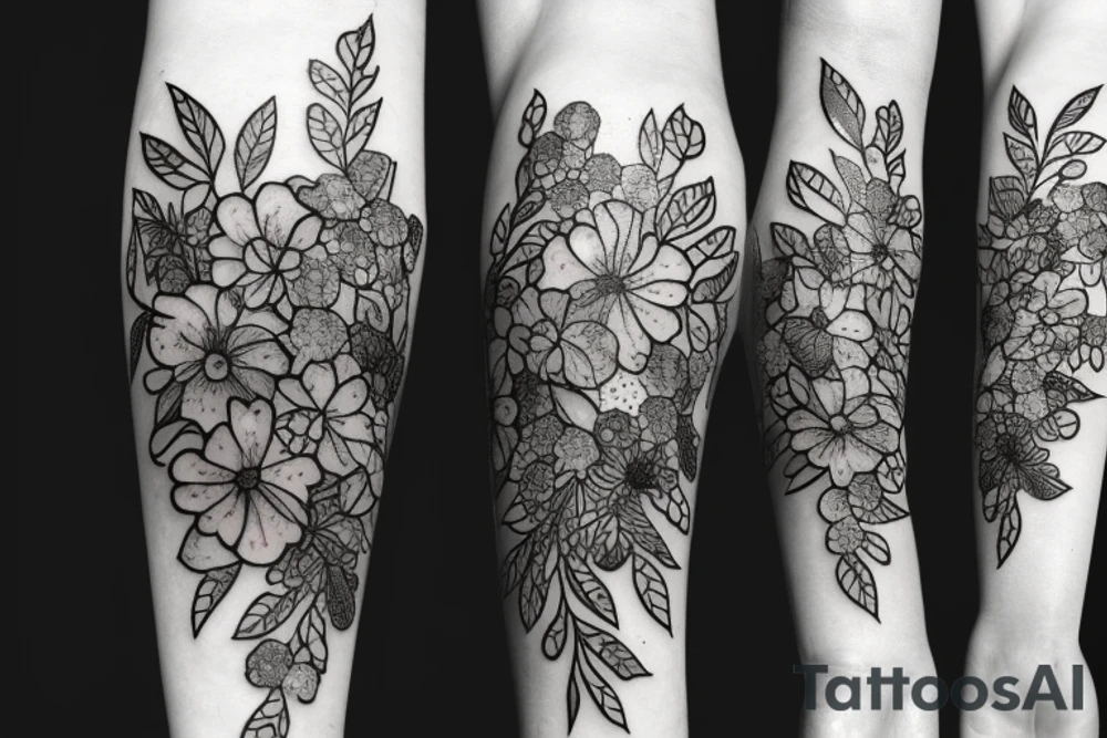 fine line amethyst stone with primroses and dead aster flowers under it tattoo idea