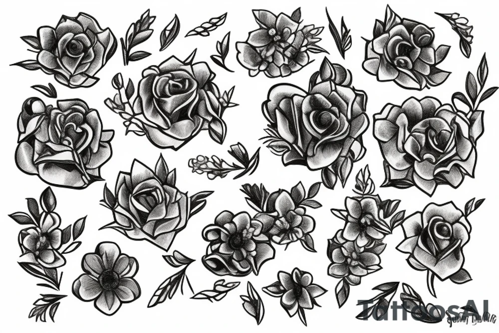 fine line amethyst stone with primroses and dead aster flowers under it tattoo idea