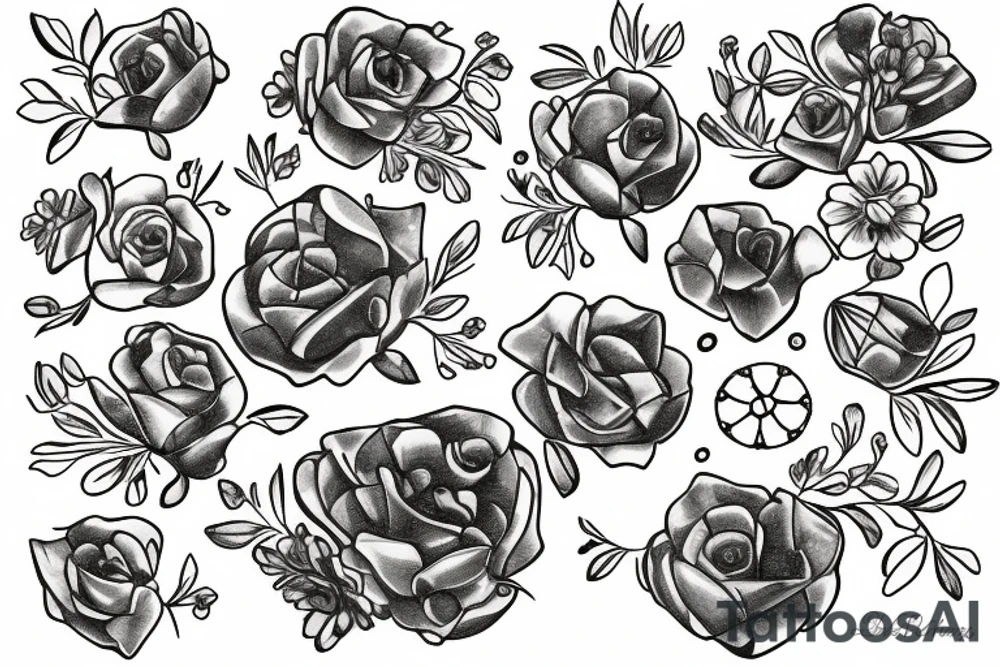 fine line amethyst stone with primroses and dead aster flowers under it tattoo idea