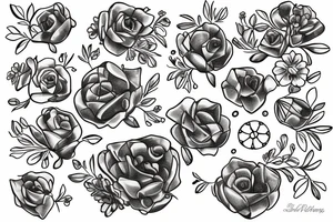 fine line amethyst stone with primroses and dead aster flowers under it tattoo idea