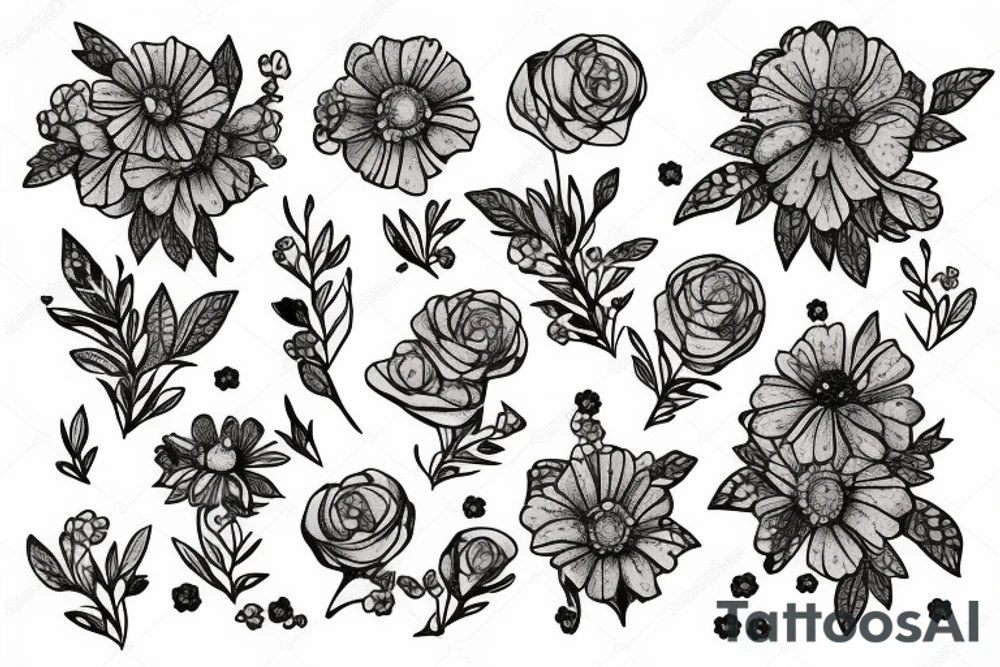 fine line amethyst stone with primroses and dead aster flowers under it tattoo idea