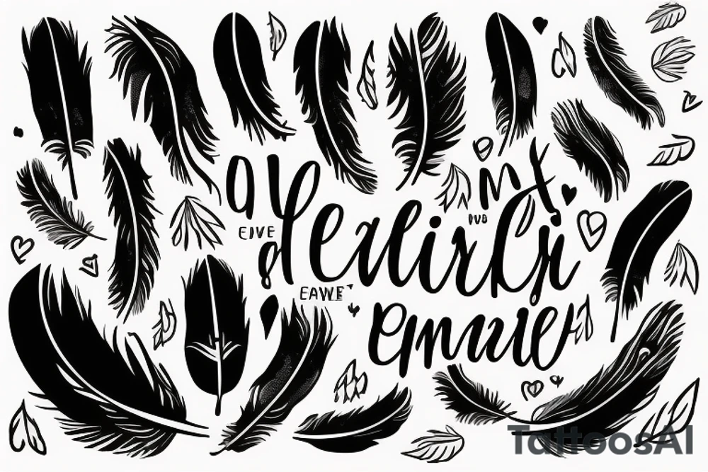 Feather outline with words inside that say even though this life this love is brief I've got some people who Carry me tattoo idea