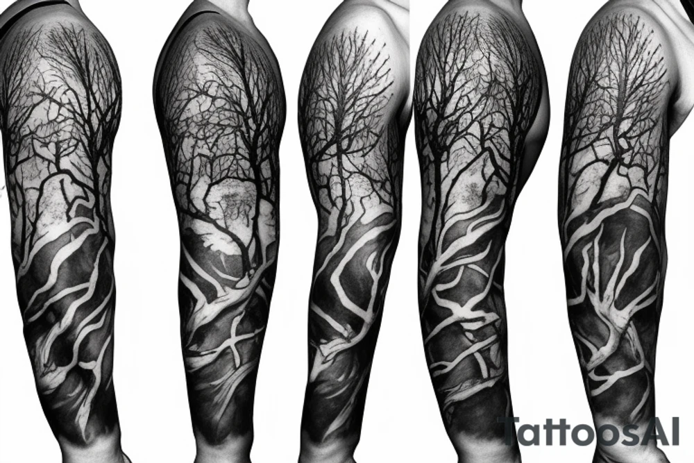 Dead forest with pathway sleeve tattoo idea