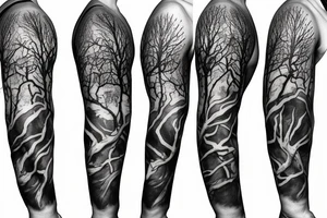 Dead forest with pathway sleeve tattoo idea