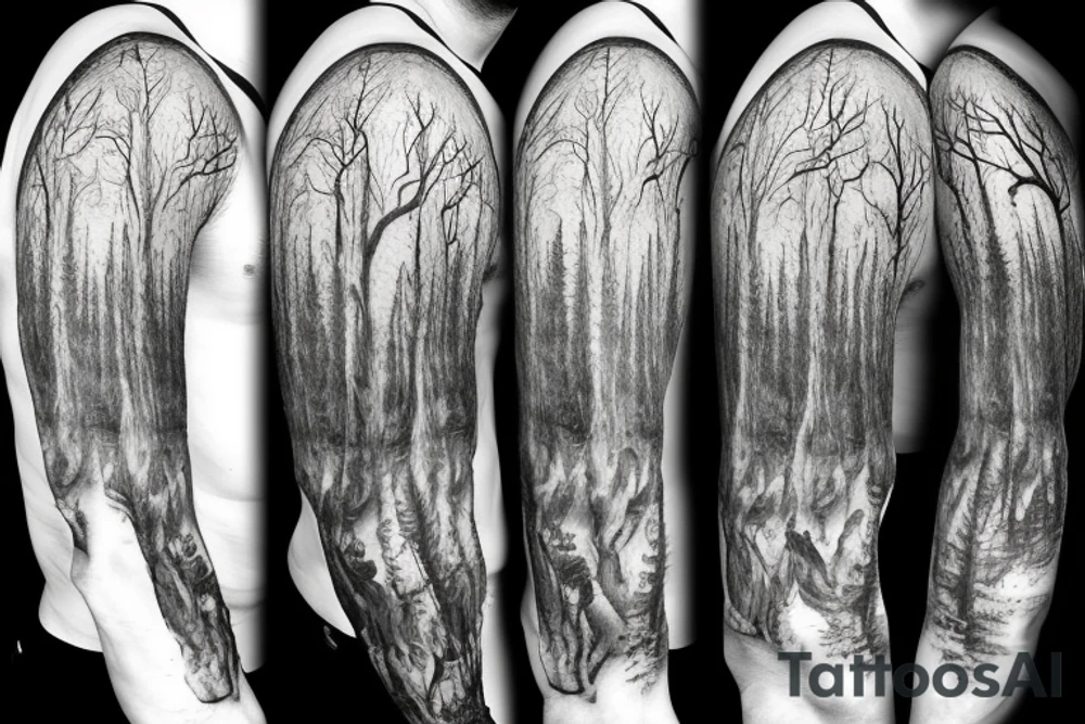 Dead forest with pathway and man walking alone sleeve tattoo idea