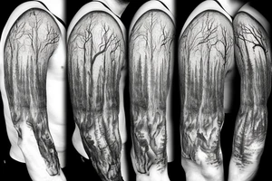 Dead forest with pathway and man walking alone sleeve tattoo idea