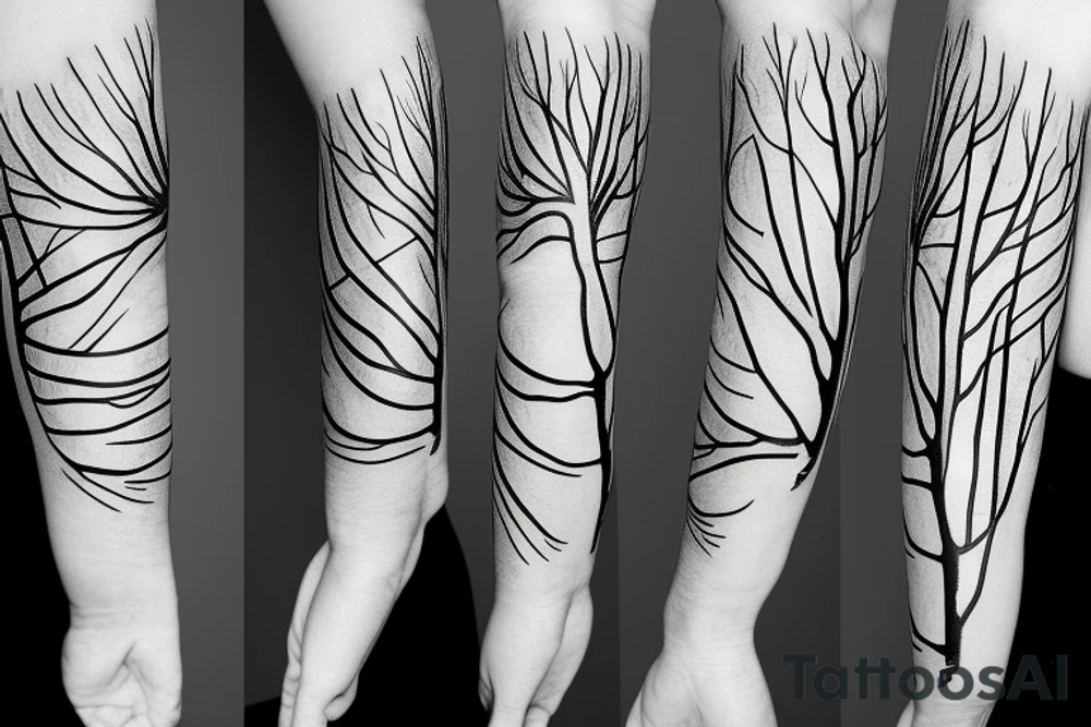 Dead forest arm sleeve minimal lines tattoo idea