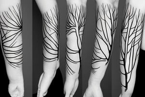 Dead forest arm sleeve minimal lines tattoo idea
