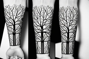 Tree of life arm sleeve minimal lines tattoo idea