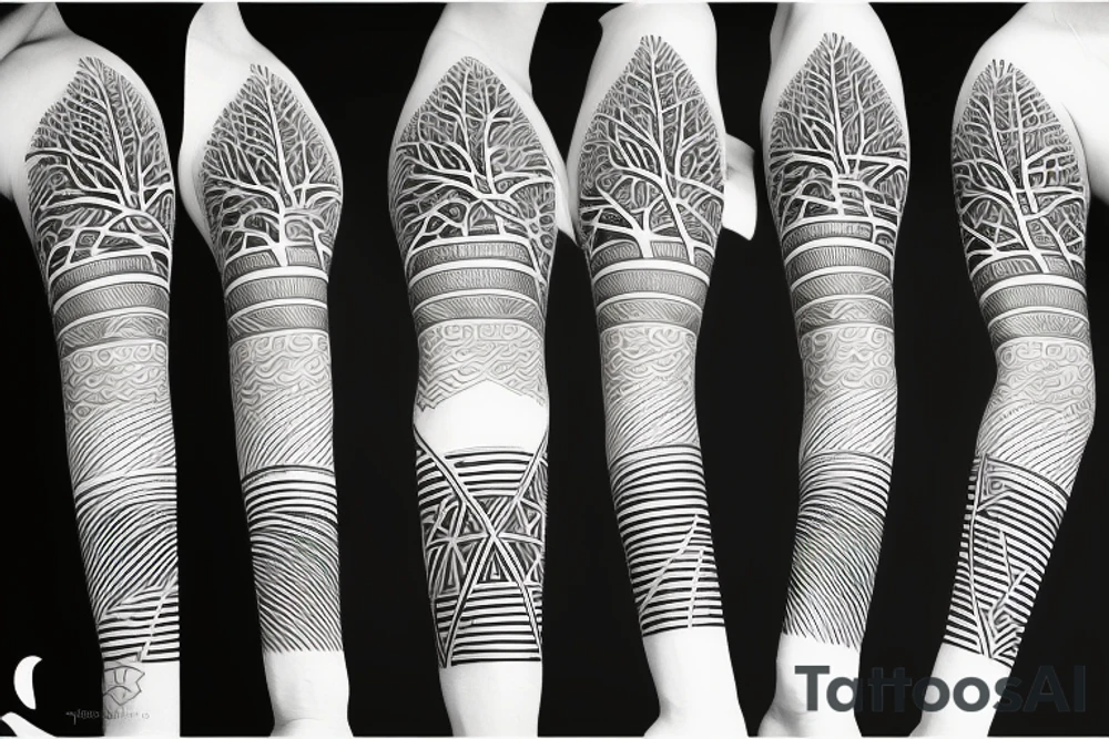 Tree of life arm sleeve minimal lines tattoo idea