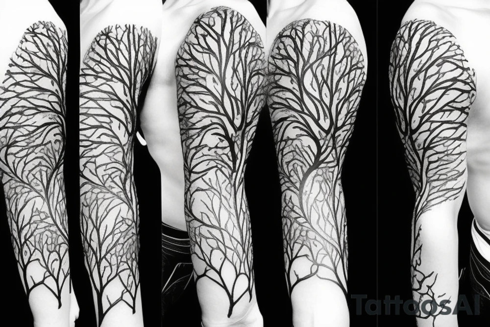Tree of life arm sleeve minimal lines tattoo idea