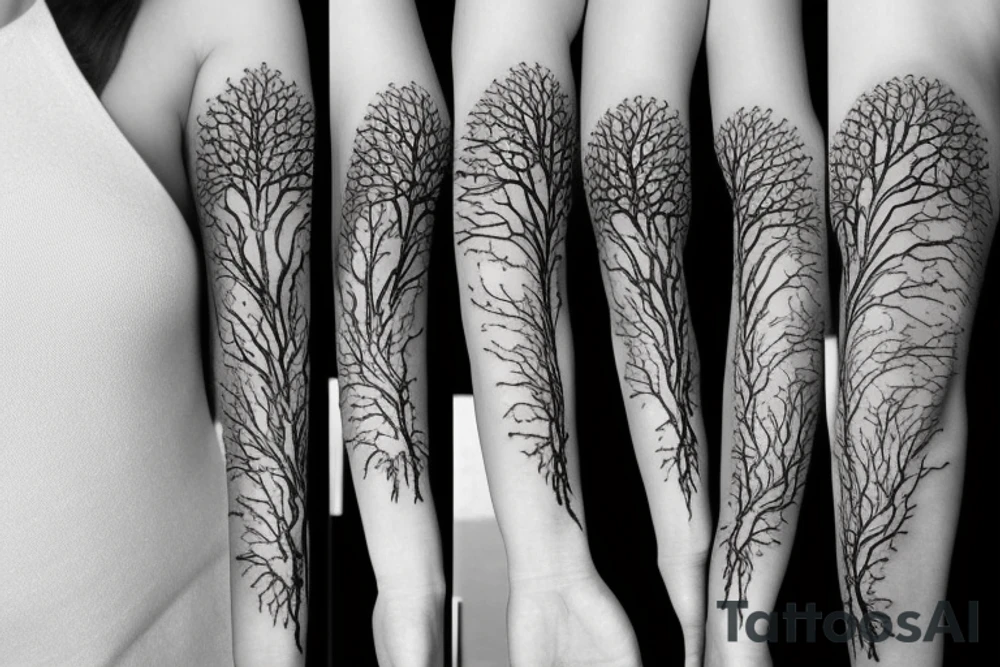 Tree of life arm sleeve minimal lines tattoo idea