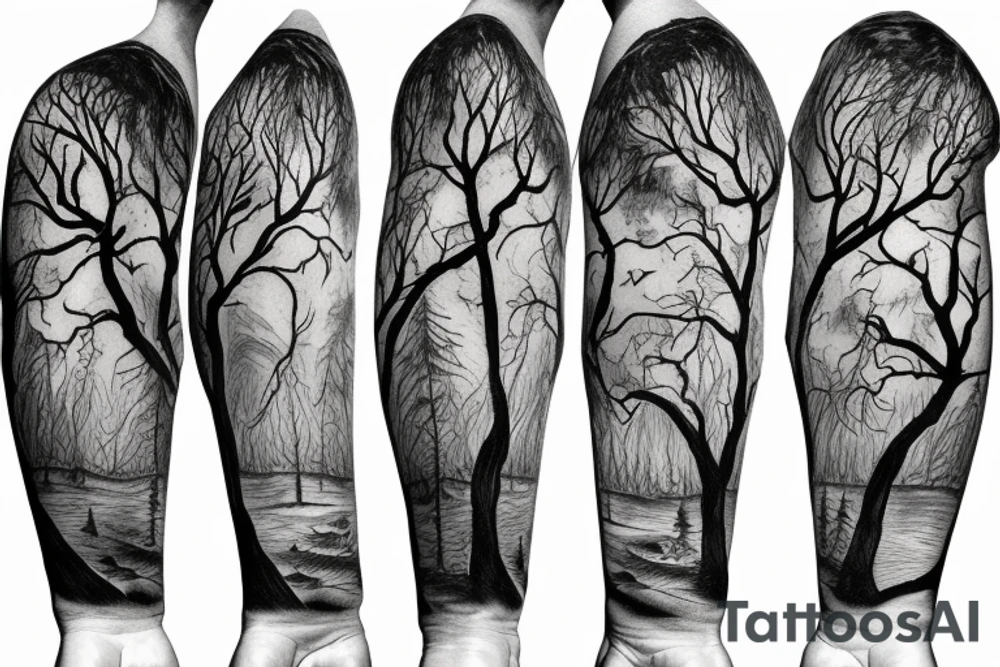 Dead forest with path sleeve tattoo idea
