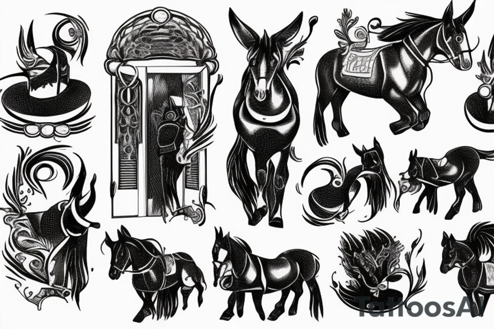 Team of mules pulling down a burning door tattoo idea