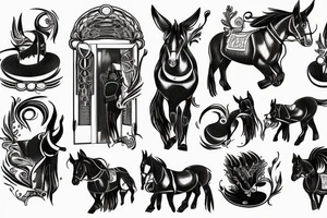 Team of mules pulling down a burning door tattoo idea