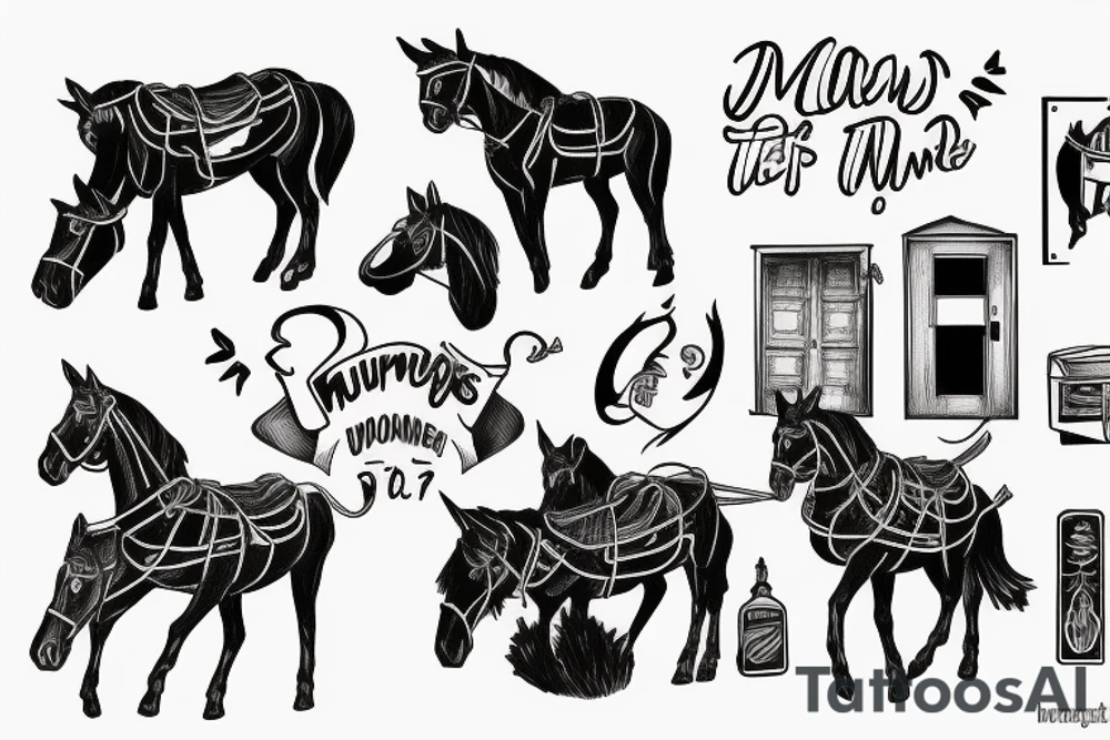 Team of mules pulling down a burning door tattoo idea