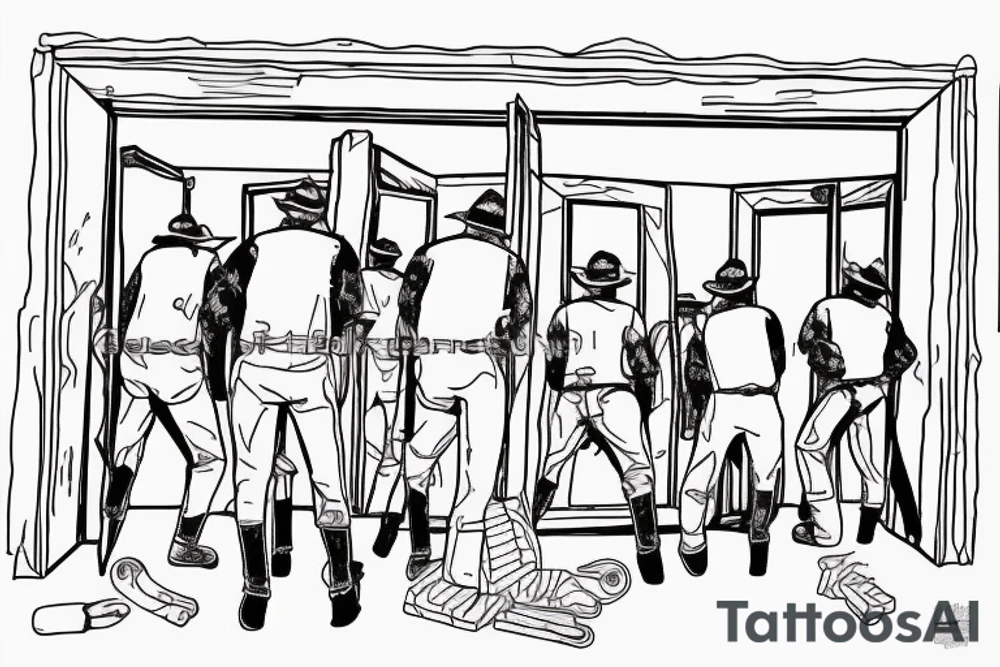 Team of mules pulling down a burning door. With simple line work. tattoo idea