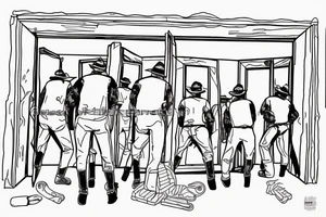 Team of mules pulling down a burning door. With simple line work. tattoo idea