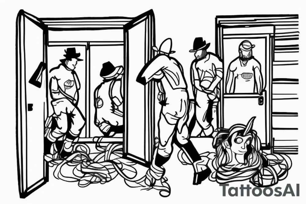 Team of mules pulling down a burning door. With simple line work. tattoo idea