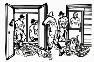 Team of mules pulling down a burning door. With simple line work. tattoo idea
