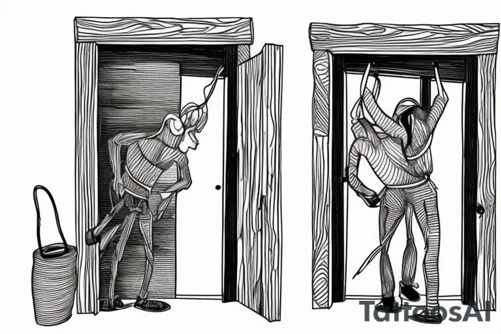 Two mules pulling down a burning door. With simple line work. tattoo idea