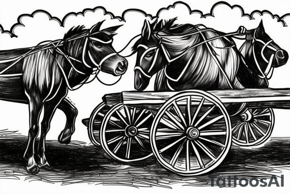Two mules pulling a wagon. Less shading and more line work tattoo idea