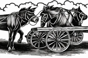 Two mules pulling a wagon. Less shading and more line work tattoo idea