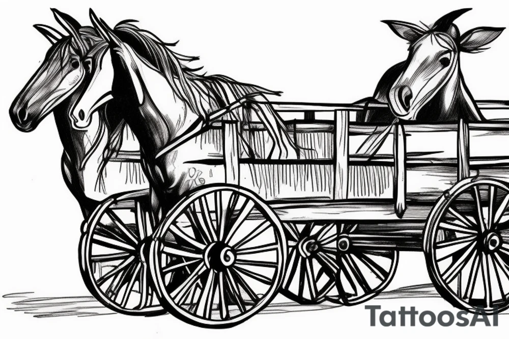 Two mules pulling a wagon. Less shading and more line work tattoo idea