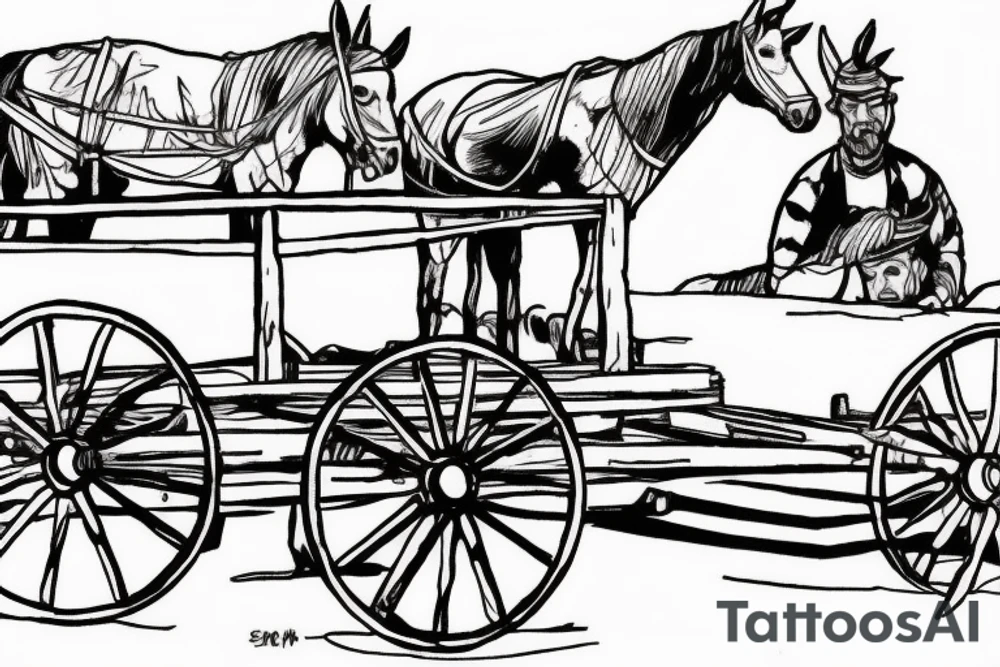 Two mules pulling a wagon. Less shading and more line work tattoo idea