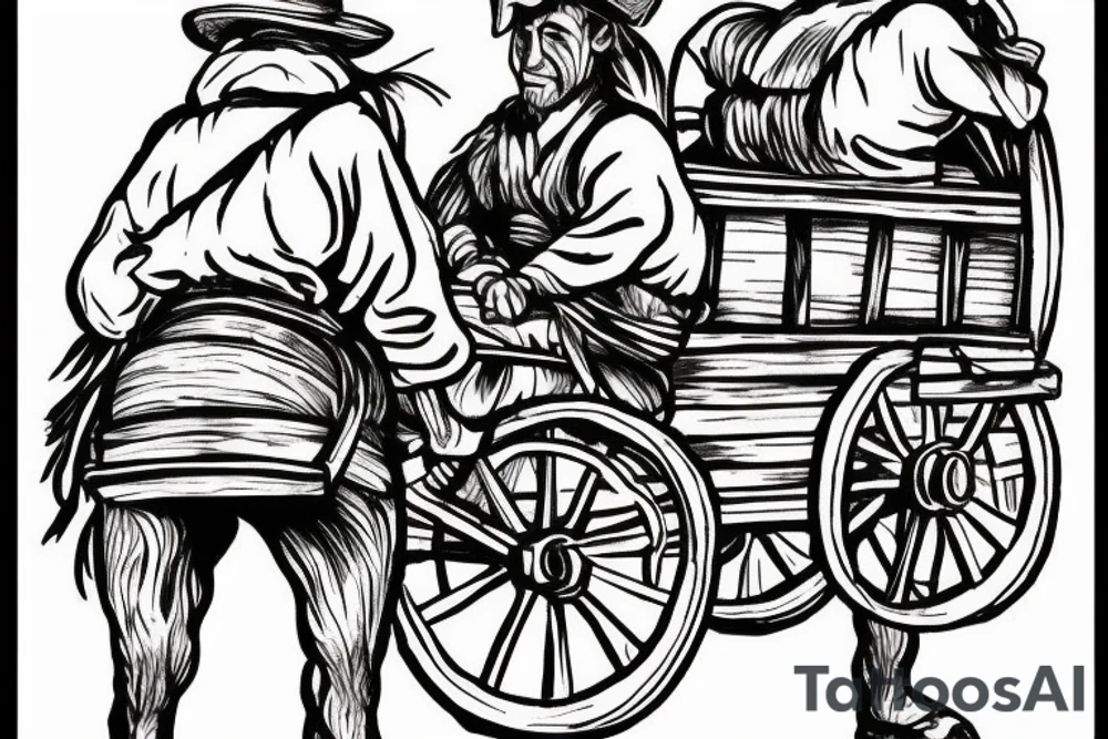 Two mules pulling a wagon. Less shading and more line work tattoo idea