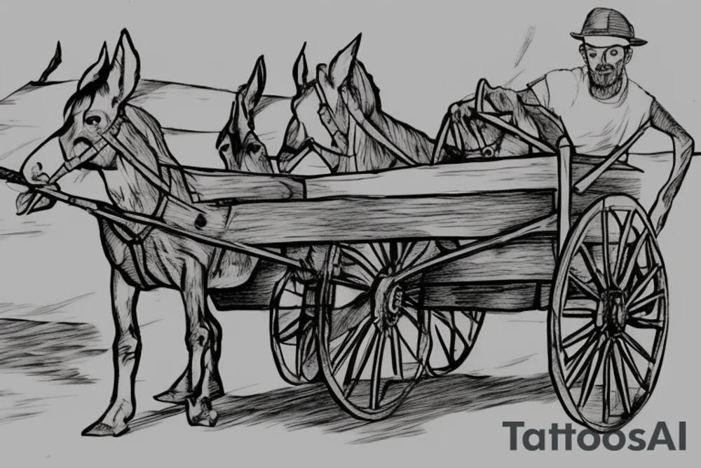 Two mules working to pulling a wagon. With no people. Less shading and more line work tattoo idea