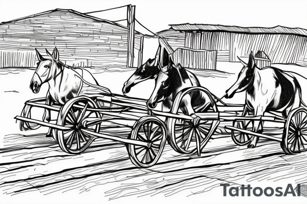 Two mules working to pulling a wagon. With no people. Less shading and more line work tattoo idea