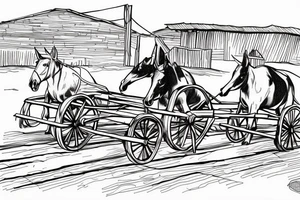 Two mules working to pulling a wagon. With no people. Less shading and more line work tattoo idea