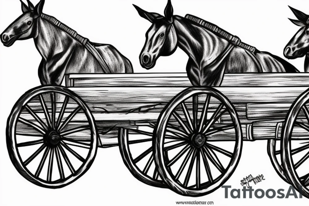 Two mules working to pulling a wagon. With no people. Less shading and more line work tattoo idea