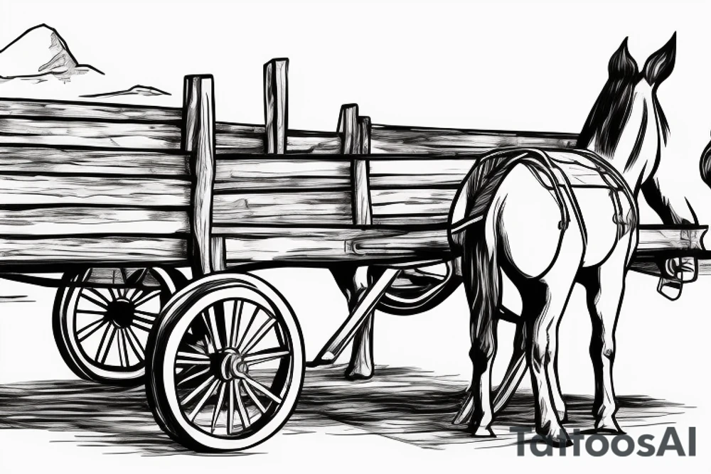 Two mules working to pulling a wagon. With no people. Less shading and more line work tattoo idea