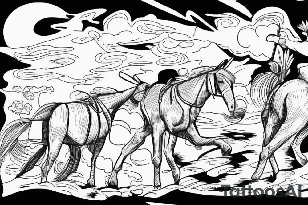 Two mules working to pull. With no people. Less shading and more line work tattoo idea