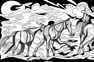 Two mules working to pull. With no people. Less shading and more line work tattoo idea