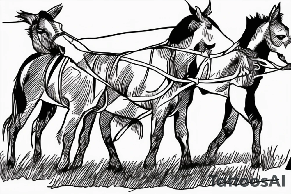 Two mules working to pull. With no people. Less shading and more line work tattoo idea