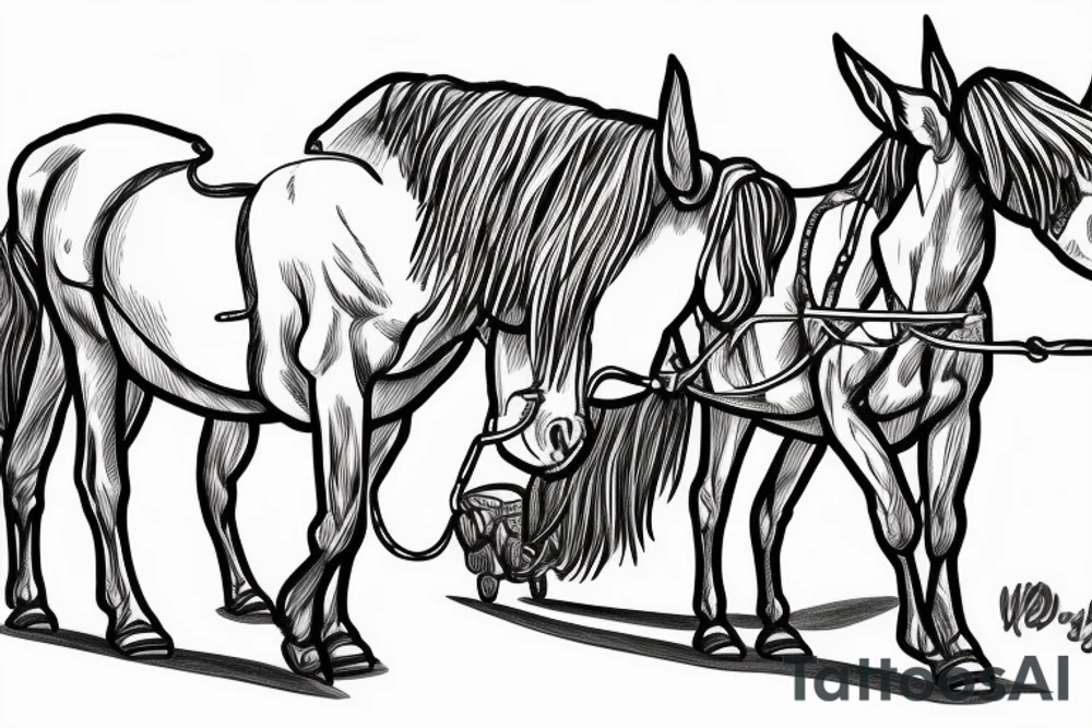 Two mules working to pull. With no people. Less shading and more line work tattoo idea