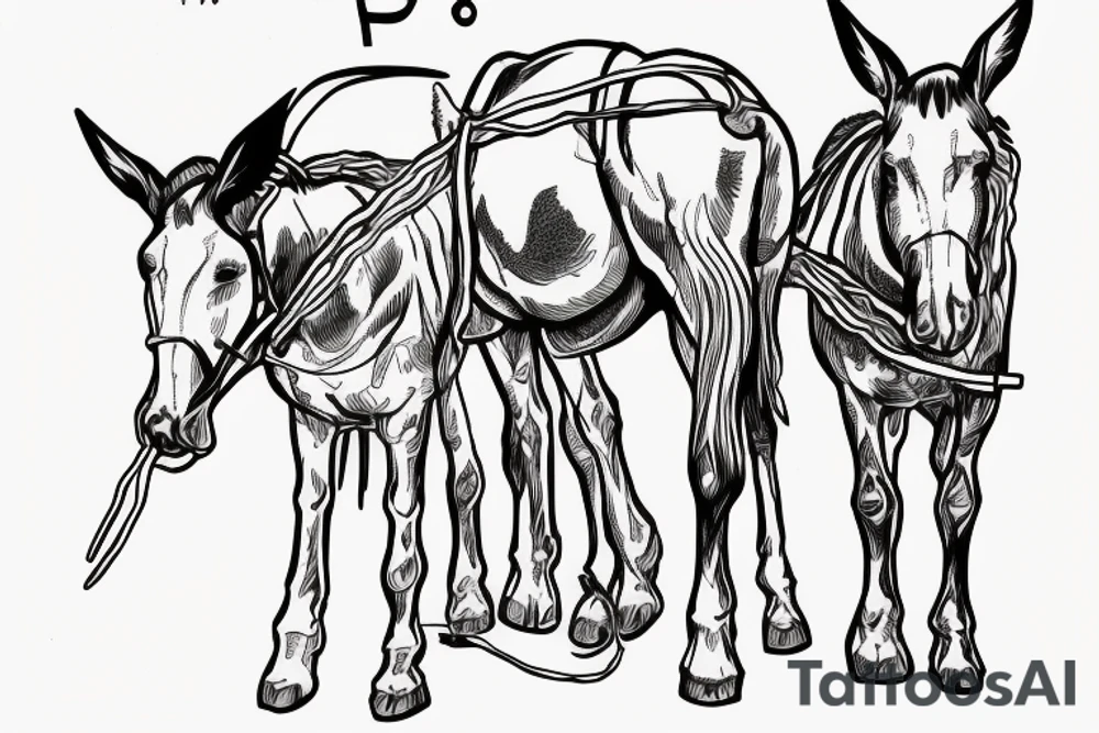 Two mules working to pull. With no people. Less shading and more line work tattoo idea