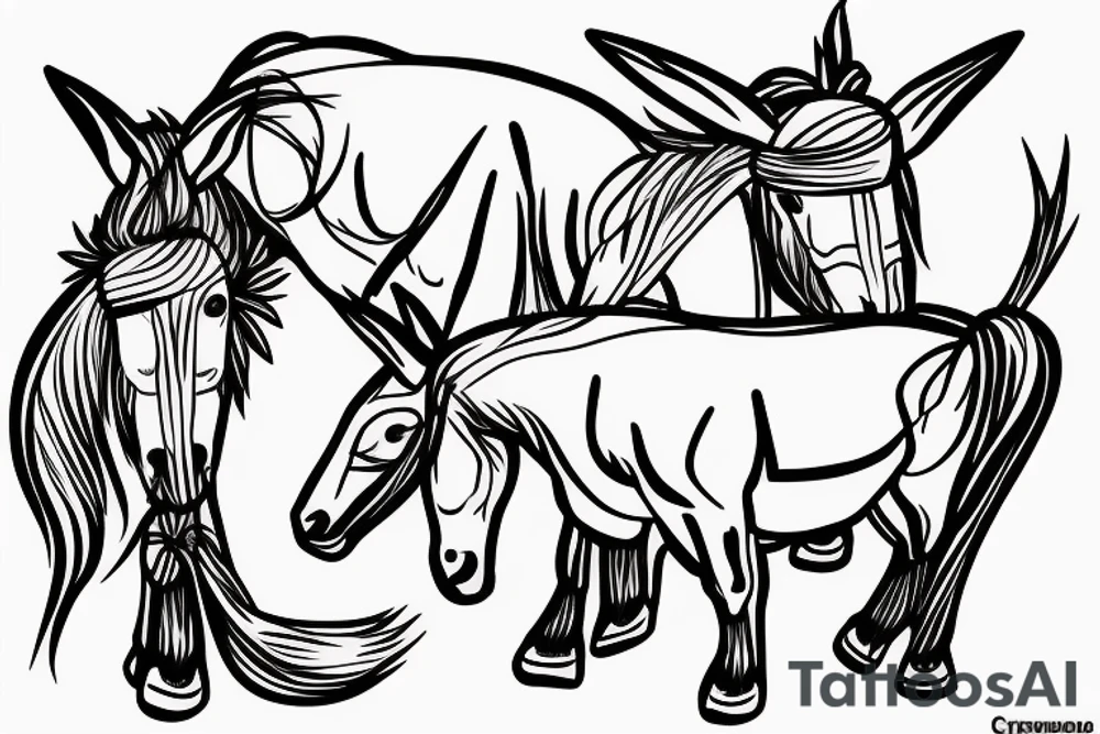 Two mules working to pull. With no people. Less shading and more line work tattoo idea