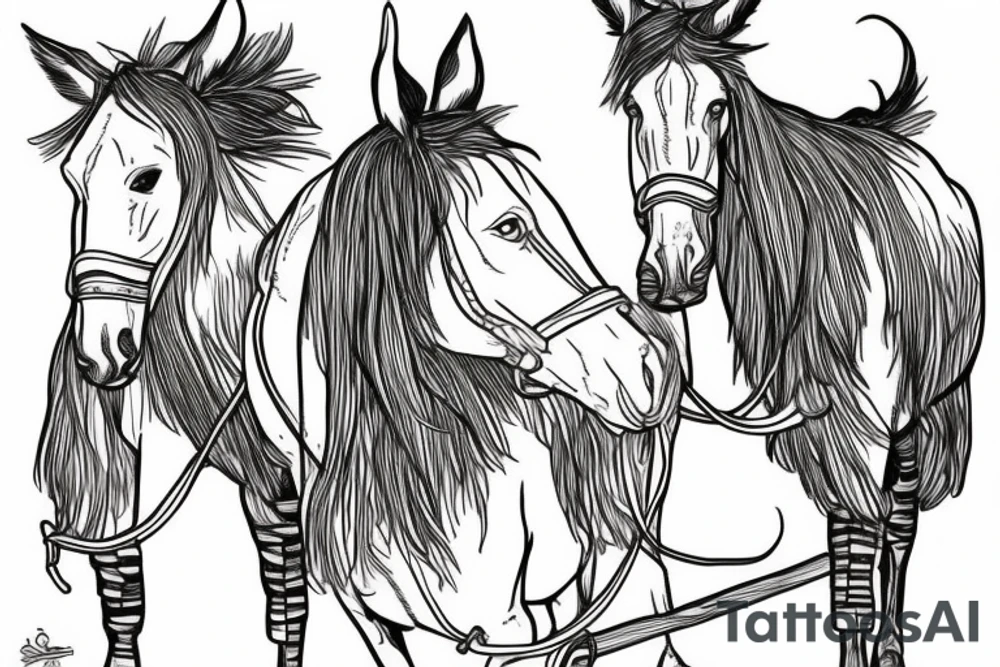 Two mules working to pull. With no people. Less shading and more line work tattoo idea